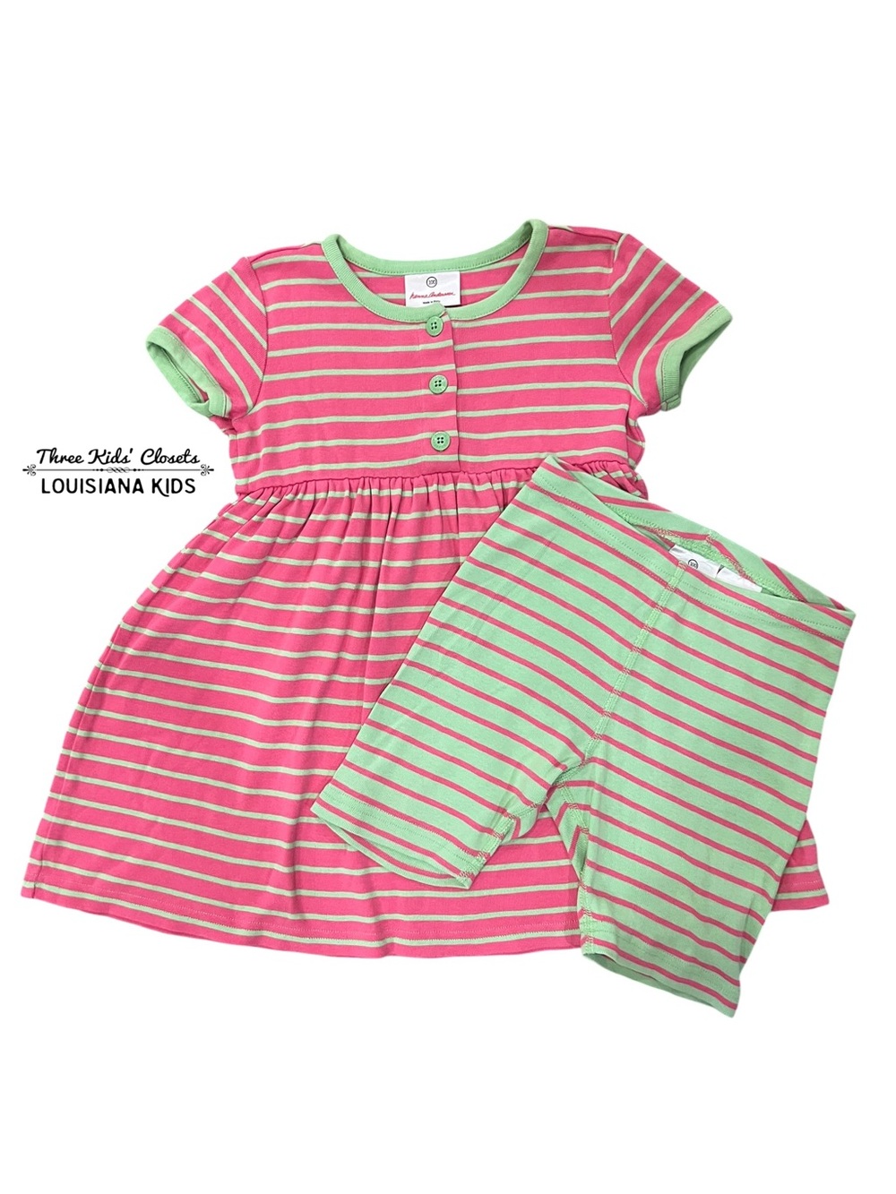 Hanna Andersson Sz 100 (4) Pink & Green Striped Dress & Shorts Set